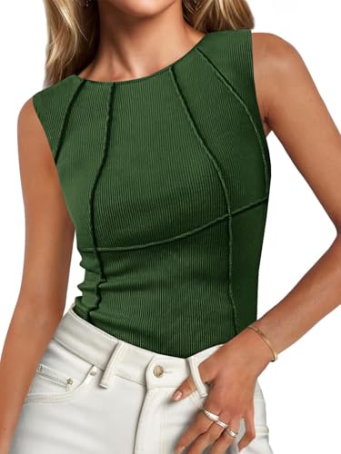 Womens Ribbed Tank Tops Fitted Summer Dressy Casual Sleeveless Shirts Cute Crew Neck Basic Tee