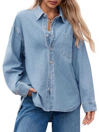 Womens Oversized Denim Shirt Jean Jacket 2025 Fall Fashion Button Down Shirts Long Sleeve Tops Trendy Shackets