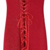 Women's Red Shiny Dress Strapless Lace Up Back Drawstring Bodycon Sexy Party Club Dresses