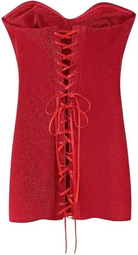 Women's Red Shiny Dress Strapless Lace Up Back Drawstring Bodycon Sexy Party Club Dresses