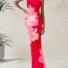 Women Summer Strapless Maxi Dress Bodycon Floral Sexy Long Wedding Guest Dress Formal Tube Mesh Cocktail Dresses