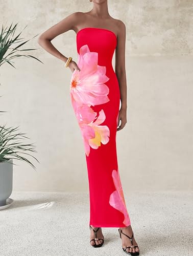 Women Summer Strapless Maxi Dress Bodycon Floral Sexy Long Wedding Guest Dress Formal Tube Mesh Cocktail Dresses