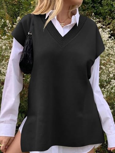 Womens V Neck Sleeveless Sweater Vest Oversized Ribbed Knit Side Slit Pullover Tank Tops