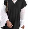Womens V Neck Sleeveless Sweater Vest Oversized Ribbed Knit Side Slit Pullover Tank Tops