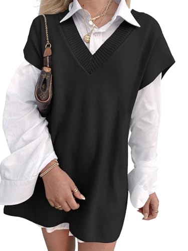 Womens V Neck Sleeveless Sweater Vest Oversized Ribbed Knit Side Slit Pullover Tank Tops