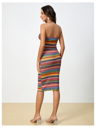 Women's Twist Strapless Bandeau Tube Dress Geo Striped Sleeveless Long Bodycon Sundress