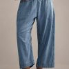 Womens Smocked Barrel Jeans Casual Trendy High Waisted Baggy Pull On Denim Pants