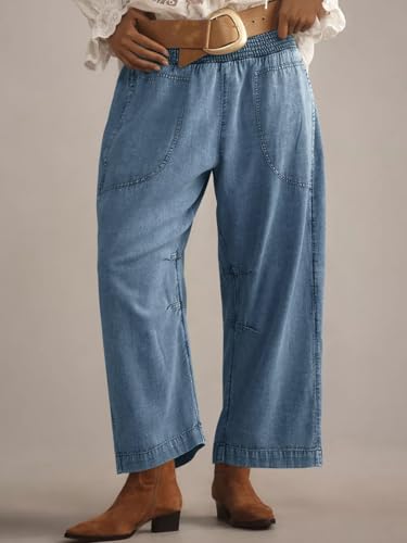 Womens Smocked Barrel Jeans Casual Trendy High Waisted Baggy Pull On Denim Pants