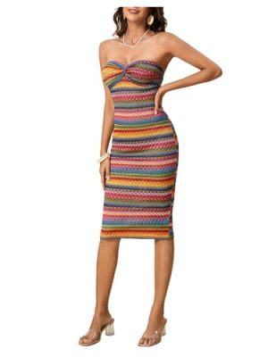 Women's Twist Strapless Bandeau Tube Dress Geo Striped Sleeveless Long Bodycon Sundress