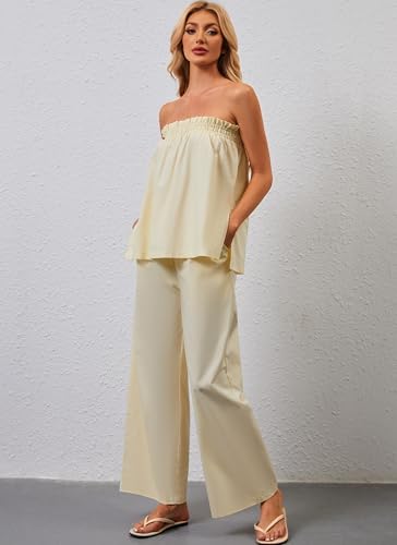 Women Summer Outfits 2 Piece Set Strapless Tube Top and Wide Leg Pants lounge Set Relaxed Off Shoulder Top Pants Set