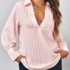 Womens Deep V Neck Blouse Casual Striped Long Sleeve Loose Fit Work Shirt Tops