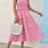 Womens Summer Floral Maxi Dress Smocked Tie Shoulder Boho Sleeveless Ruffle Tiered Casual Beach Dresses