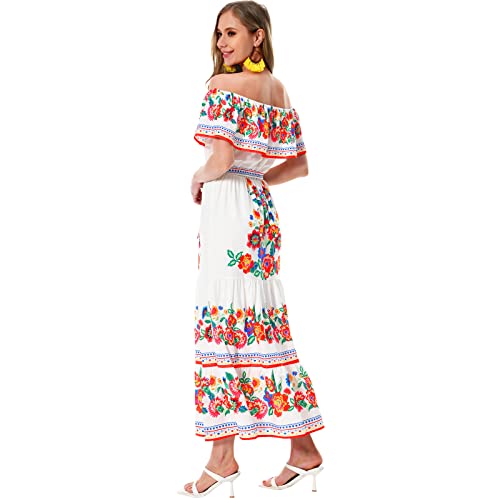Women's Mexican Dress Summer Floral Print Off The Shoulder Sleeveless Beach Long Maxi Dress