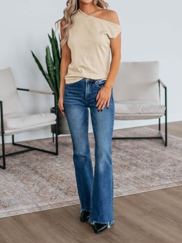 Womens Off One Shoulder Tops Summer Ribbed Knit Tank Tops Trendy Casual Loose Fit Sleeveless Tee Shirts