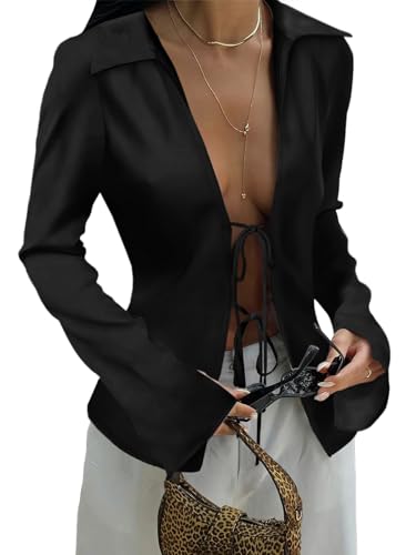 Womens Sexy Tie Front Satin Shirts Deep V Neck Silk Club Tops Long Sleeve Y2k Going Out Blouse