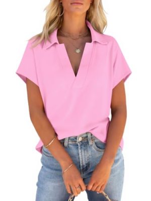 Womens V Neck Polo Shirts Short Sleeve Business Casual Tops Loose Fit Summer Tees