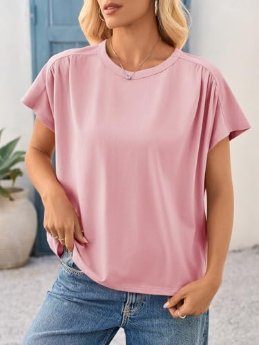 Womens Batwing Short Sleeve T Shirts Summer Pleated Casual Crew Neck Tunic Tops Loose Fit Basic Tees