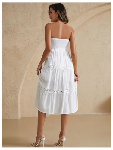 Women's Floral Lace Midi Tube Dress Strapless Shirred A Line Flowy Beach Vacation Dresses