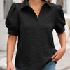 Womens Puff Short Sleeve Polo Shirts Summer V Neck Textured Tops Dressy Casual Loose Fit Blouse