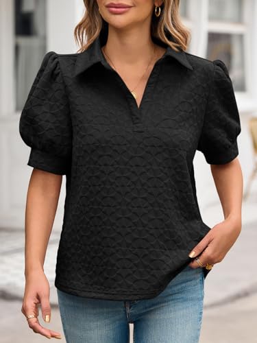 Womens Puff Short Sleeve Polo Shirts Summer V Neck Textured Tops Dressy Casual Loose Fit Blouse