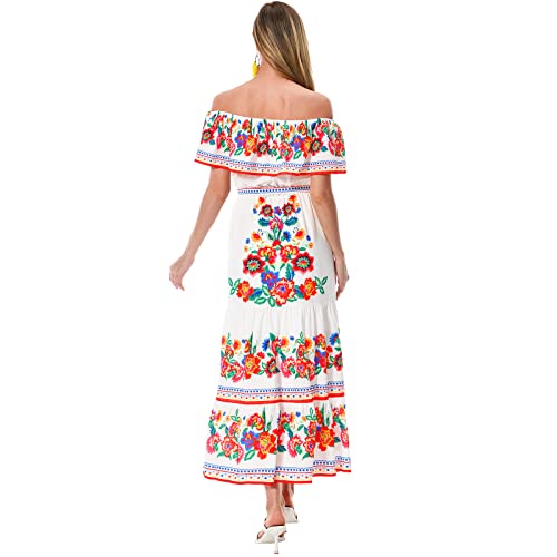 Women's Mexican Dress Summer Floral Print Off The Shoulder Sleeveless Beach Long Maxi Dress
