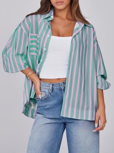 Womens Striped Button Down Shirts 2024 Fall Fashion Puff Long Sleeve Loose Fitting Work Tops