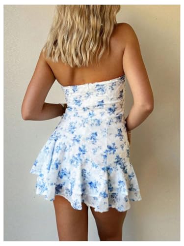 Women's Floral Print Ruffle Tube Mini Dress Strapless Sleeveless Layered Vacation Summer Dresses