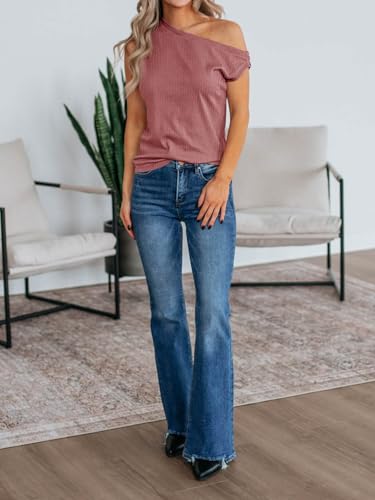 Womens Off One Shoulder Tops Summer Ribbed Knit Tank Tops Trendy Casual Loose Fit Sleeveless Tee Shirts