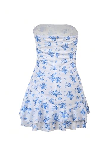 Women's Floral Print Ruffle Tube Mini Dress Strapless Sleeveless Layered Vacation Summer Dresses