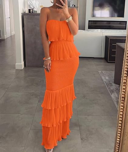 Women's Tube Top Ruffled Tiered Maxi Dress Sleeveless Backless Bodycon Smocked Shirred Party Holiday Long Dress