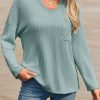 Womens Notch V Neck Tunic Tops Textured Ribbed Knit Long Sleeve T Shirts Loose Fit Fall Casual Tees with Pocket