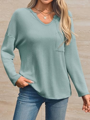 Womens Notch V Neck Tunic Tops Textured Ribbed Knit Long Sleeve T Shirts Loose Fit Fall Casual Tees with Pocket