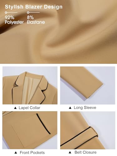 Womens Belted Casual Blazer Long Sleeve Open Front Contrast Binding Suit Jackets Dressy Blouse Tops