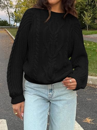 Womens Oversized Cable Knit Sweaters Crew Neck Long Sleeve Fall Chunky Pullover Casual Loose Fit Sweater Tops