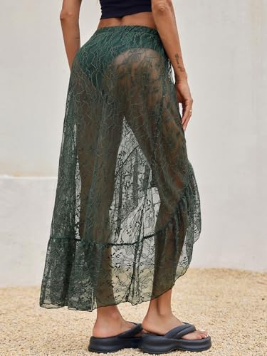 Womens Lace Maxi Skirt Summer High Low Asymmetrical Sheer Y2K Sexy Beach Cover-up Long Skirts