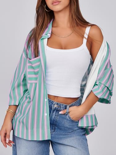 Womens Striped Button Down Shirts 2024 Fall Fashion Puff Long Sleeve Loose Fitting Work Tops