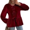Womens Cute Tie Front Peplum Velvet Tops Puff Long Sleeve Babydoll Shirts Casual Blouses 2025 Fall Outfits