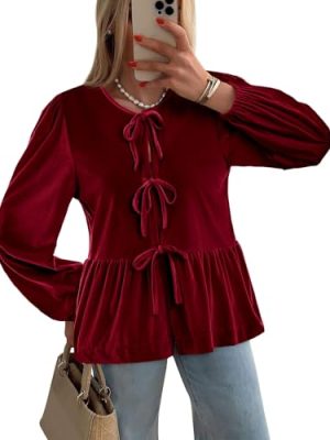 41Eyr6VamxL.jpg Womens Cute Tie Front Peplum Velvet Tops Puff Long Sleeve Babydoll Shirts Casual Blouses 2025 Fall Outfits