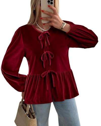 Womens Cute Tie Front Peplum Velvet Tops Puff Long Sleeve Babydoll Shirts Casual Blouses 2025 Fall Outfits