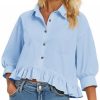 Womens Cropped Button Down Shirts 3/4 Length Sleeve Casual Cotton Blouses Loose Fit Ruffle Hem Tops