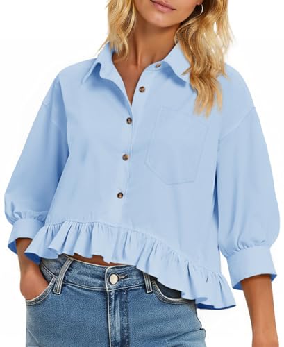 Womens Cropped Button Down Shirts 3/4 Length Sleeve Casual Cotton Blouses Loose Fit Ruffle Hem Tops