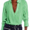 Womens Deep V Neck Blouse Casual Striped Long Sleeve Loose Fit Work Shirt Tops