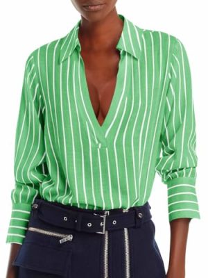 Womens Deep V Neck Blouse Casual Striped Long Sleeve Loose Fit Work Shirt Tops
