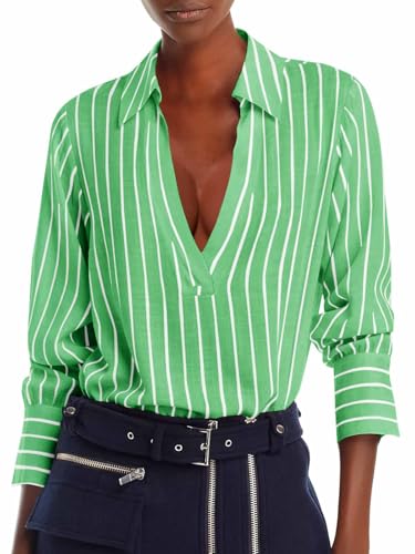 Womens Deep V Neck Blouse Casual Striped Long Sleeve Loose Fit Work Shirt Tops
