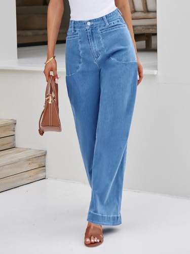 Womens Wide Leg Jeans High Waisted Stretchy Baggy Loose Denim Casual Pants with Pockets