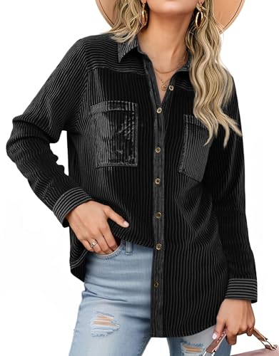 Womens Velvet Button Down Shirt Casual Long Sleeve V Neck Collared Tops Fall Shacket Jacket with Pockets