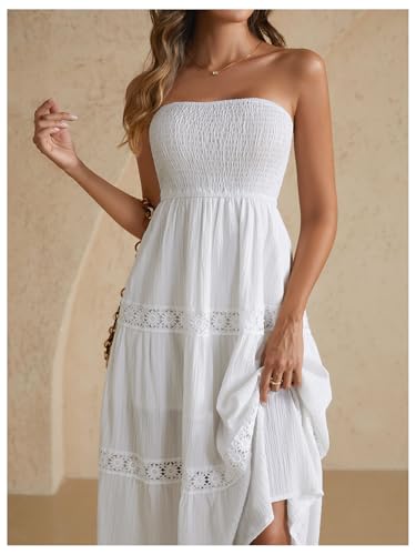 Women's Floral Lace Midi Tube Dress Strapless Shirred A Line Flowy Beach Vacation Dresses