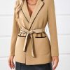 Womens Belted Casual Blazer Long Sleeve Open Front Contrast Binding Suit Jackets Dressy Blouse Tops