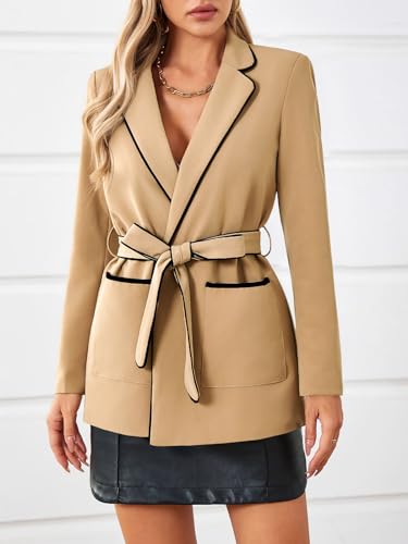 Womens Belted Casual Blazer Long Sleeve Open Front Contrast Binding Suit Jackets Dressy Blouse Tops