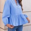 Womens Puff Long Sleeve Peplum Blouses Babydoll V Neck Ruffle Tops Cute Cotton Loose Fit Shirts